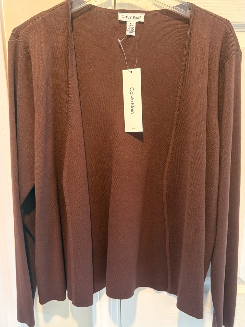 NWT Calvin Klein Open Front Cardigan Blazer Knit Jacket Espresso Brown L